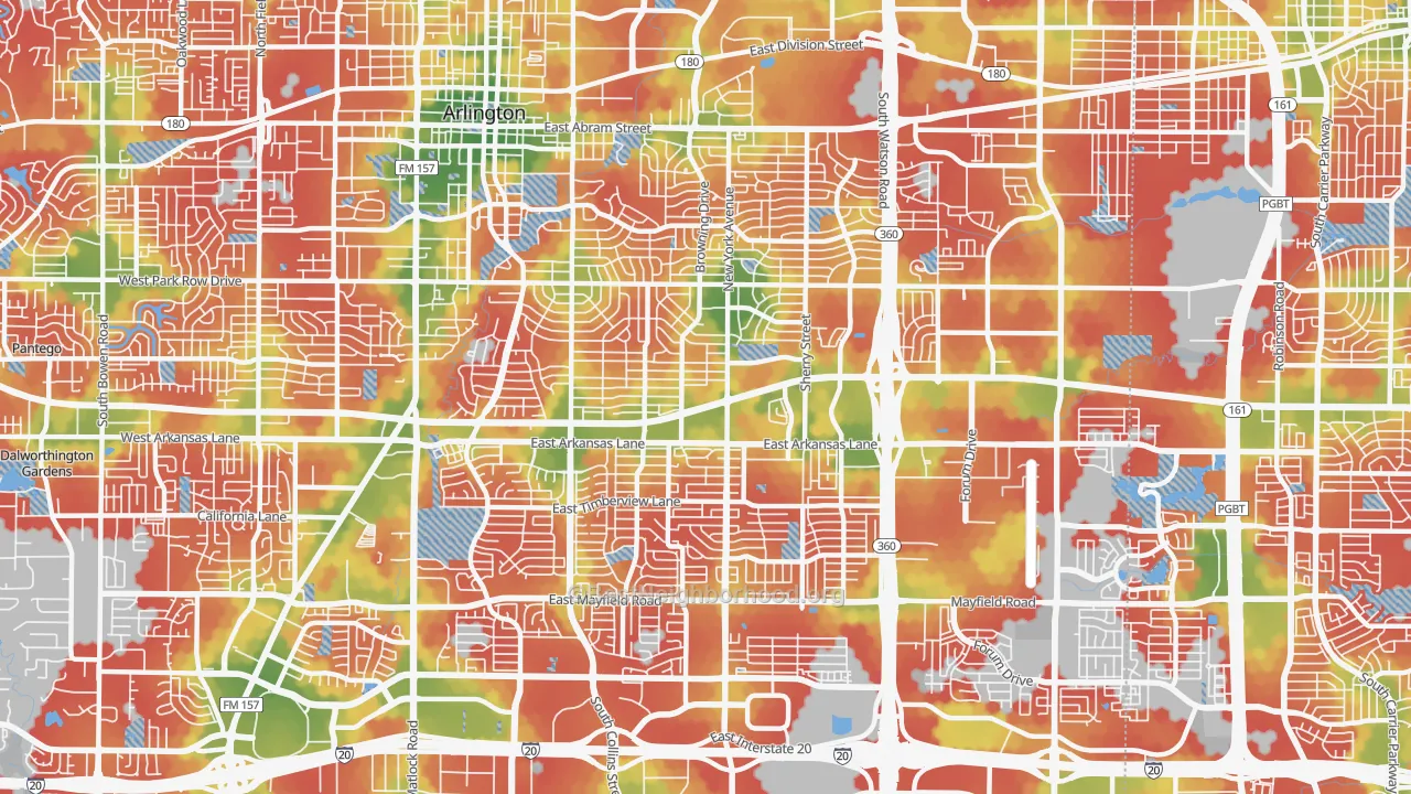 Walk Grade map of East Arlington, Arlington, TX, walkable areas in green and car-dependent areas in red