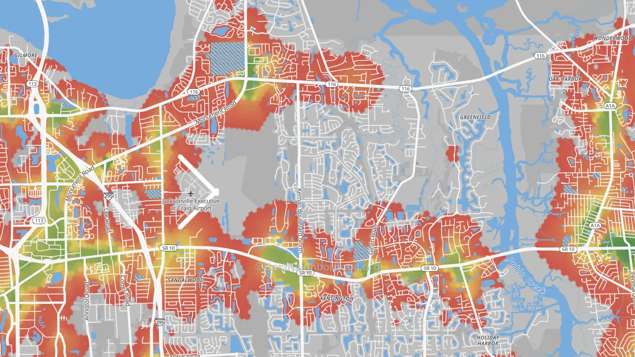 Walk Grade map of East Arlington, Jacksonville, FL, walkable areas in green and car-dependent areas in red