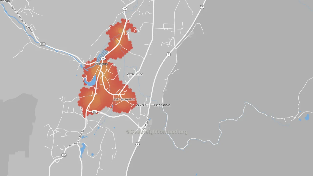 Walk Grade map of East Arlington, VT, walkable areas in green and car-dependent areas in red