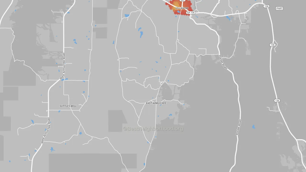 Walk Grade map of East Armuchee, GA, walkable areas in green and car-dependent areas in red