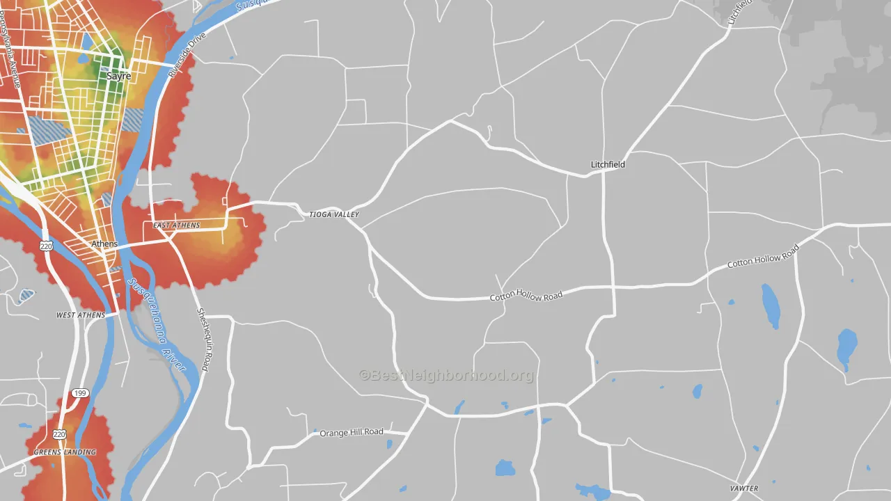 Walk Grade map of East Athens, PA, walkable areas in green and car-dependent areas in red