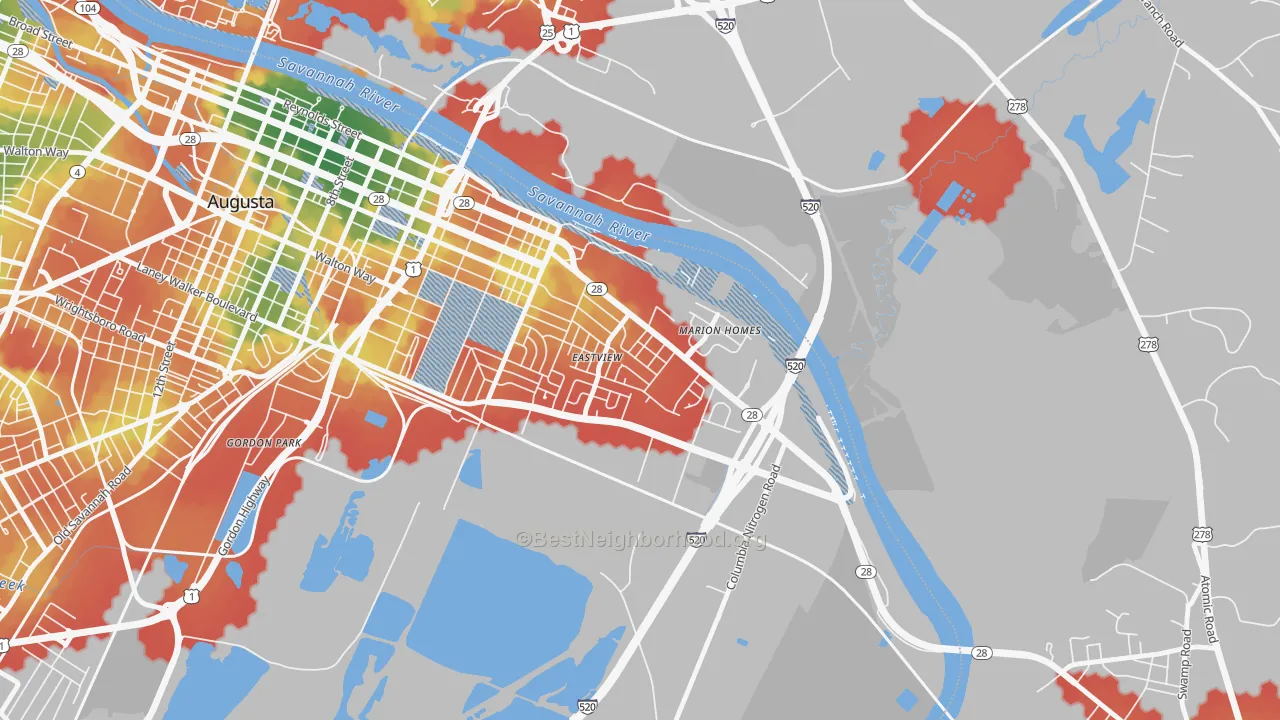 Walk Grade map of East Augusta, Augusta, GA, walkable areas in green and car-dependent areas in red