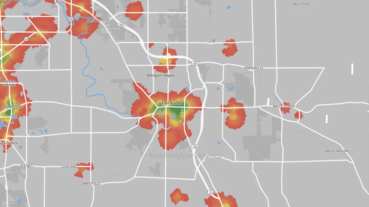 Walk Grade map of East Aurora, NY, walkable areas in green and car-dependent areas in red
