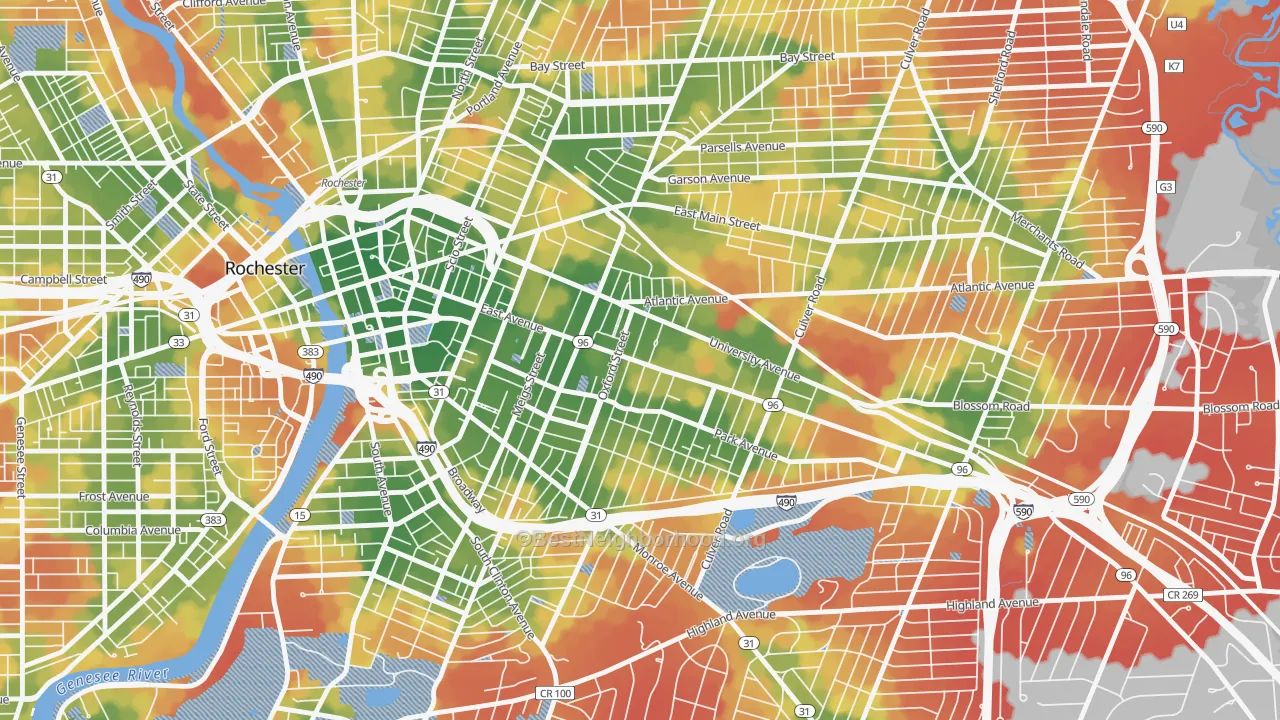 Walk Grade map of East Avenue, Rochester, NY, walkable areas in green and car-dependent areas in red