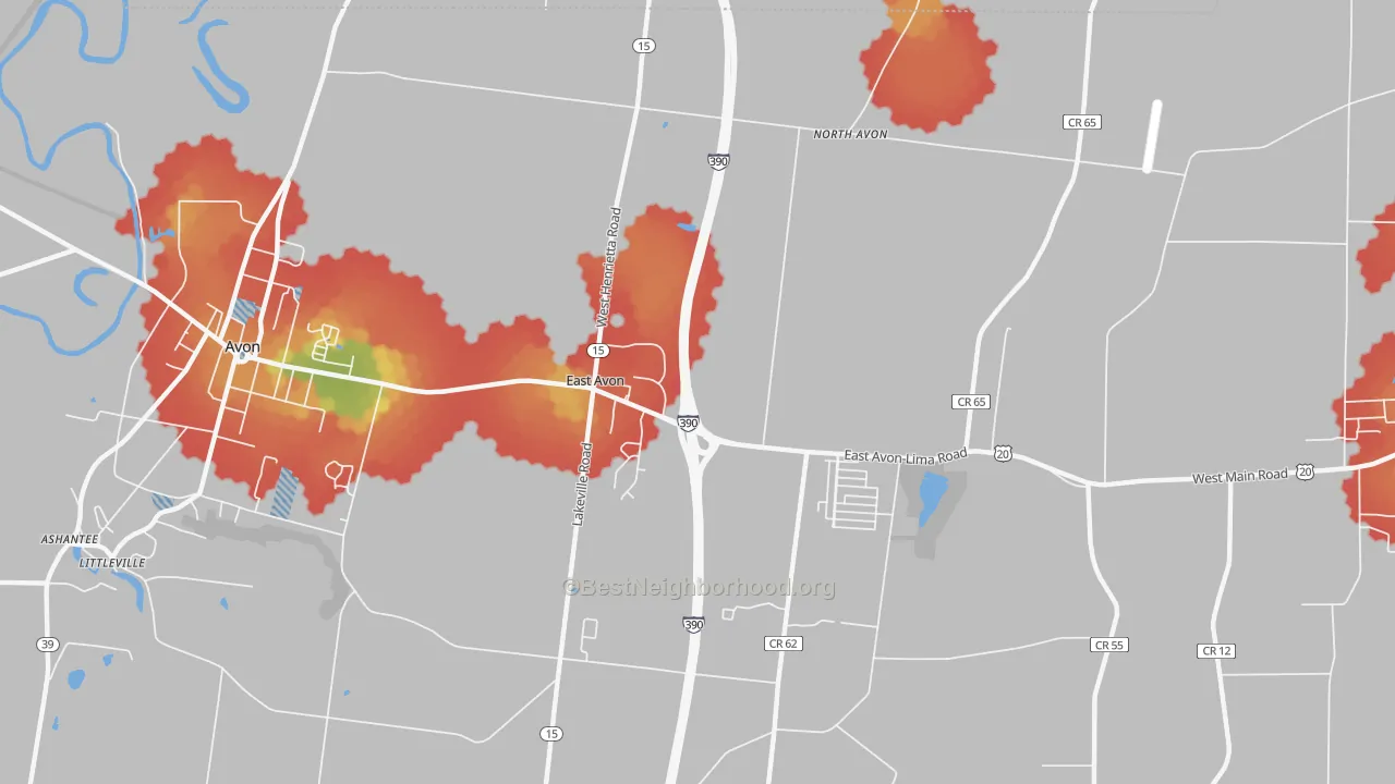 Walk Grade map of East Avon, NY, walkable areas in green and car-dependent areas in red