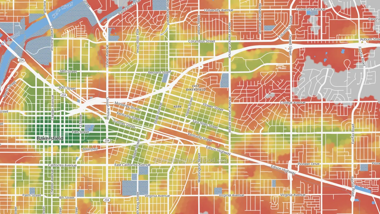 Walk Grade map of East Bakersfield, Bakersfield, CA, walkable areas in green and car-dependent areas in red