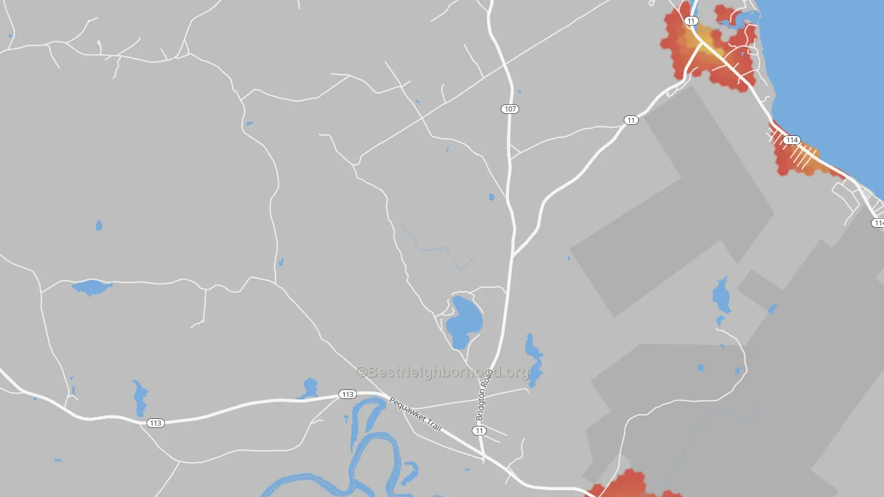 Walk Grade map of East Baldwin, ME, walkable areas in green and car-dependent areas in red