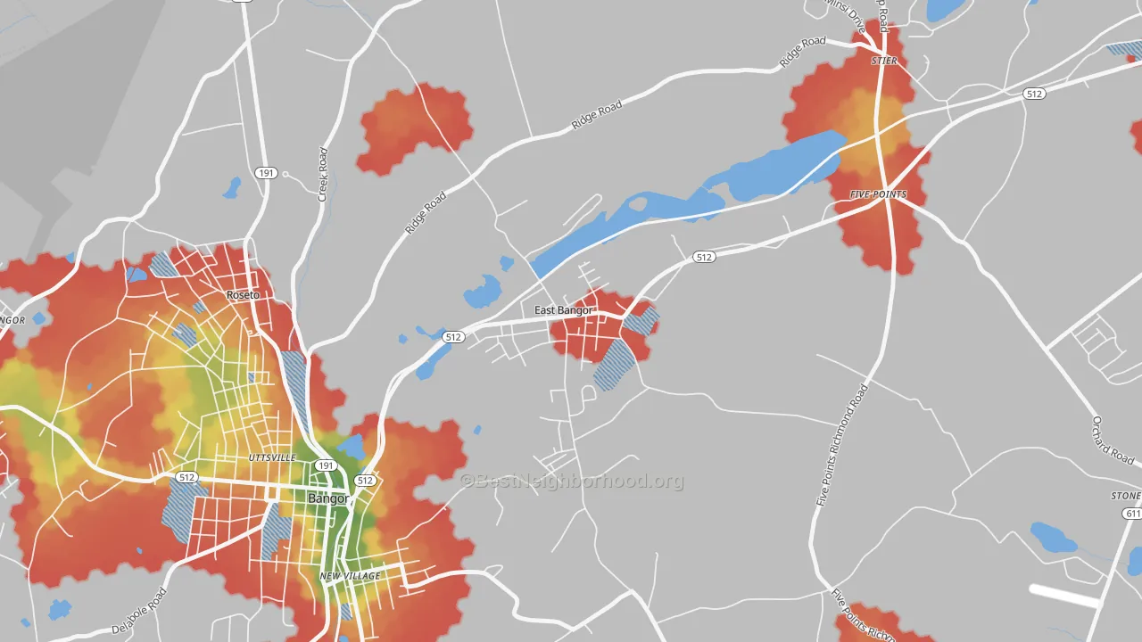 Walk Grade map of East Bangor, PA, walkable areas in green and car-dependent areas in red