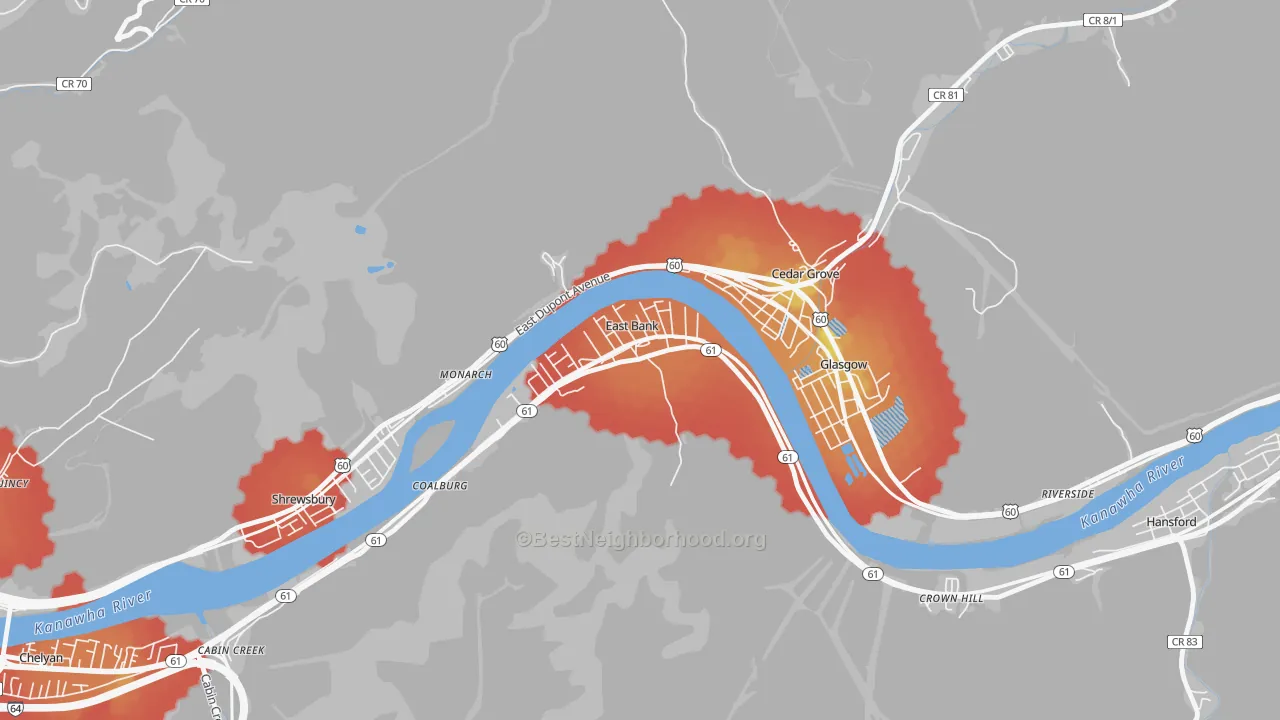 Walk Grade map of East Bank, WV, walkable areas in green and car-dependent areas in red
