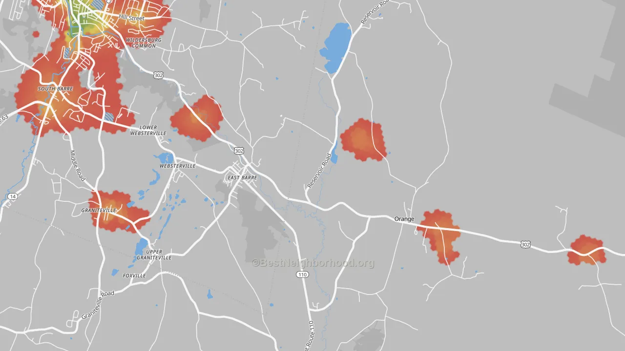 Walk Grade map of East Barre, VT, walkable areas in green and car-dependent areas in red