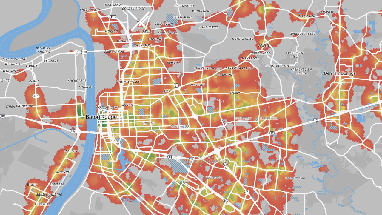 Walk Grade map of East Baton Rouge Parish, LA, walkable areas in green and car-dependent areas in red