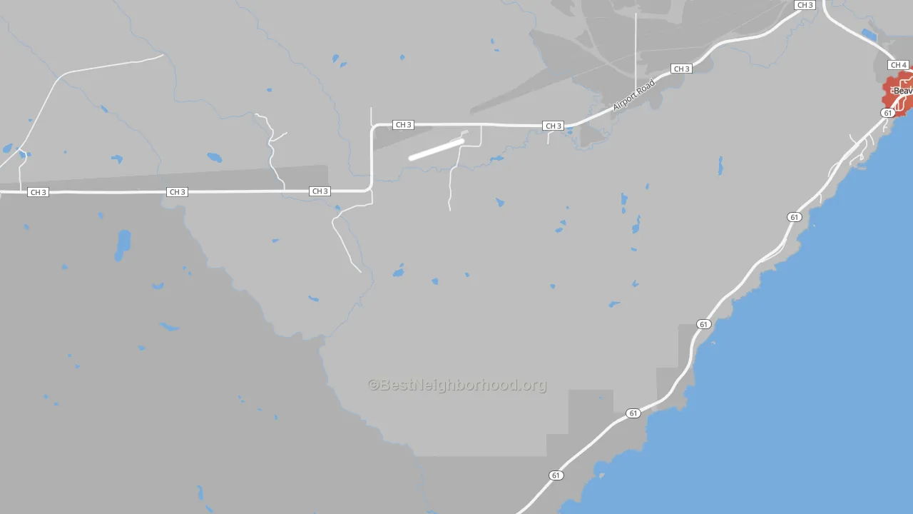 Walk Grade map of East Beaver Bay, MN, walkable areas in green and car-dependent areas in red