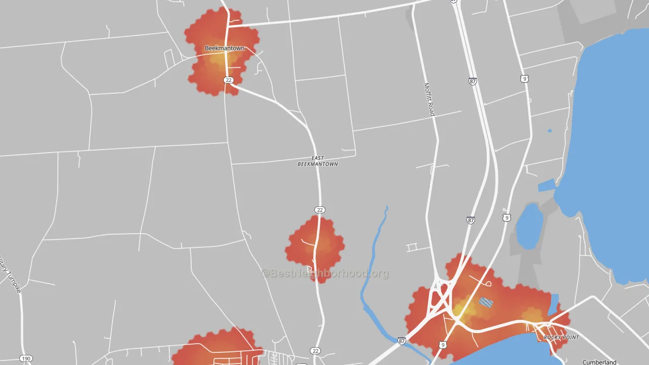 Walk Grade map of East Beekmantown, NY, walkable areas in green and car-dependent areas in red