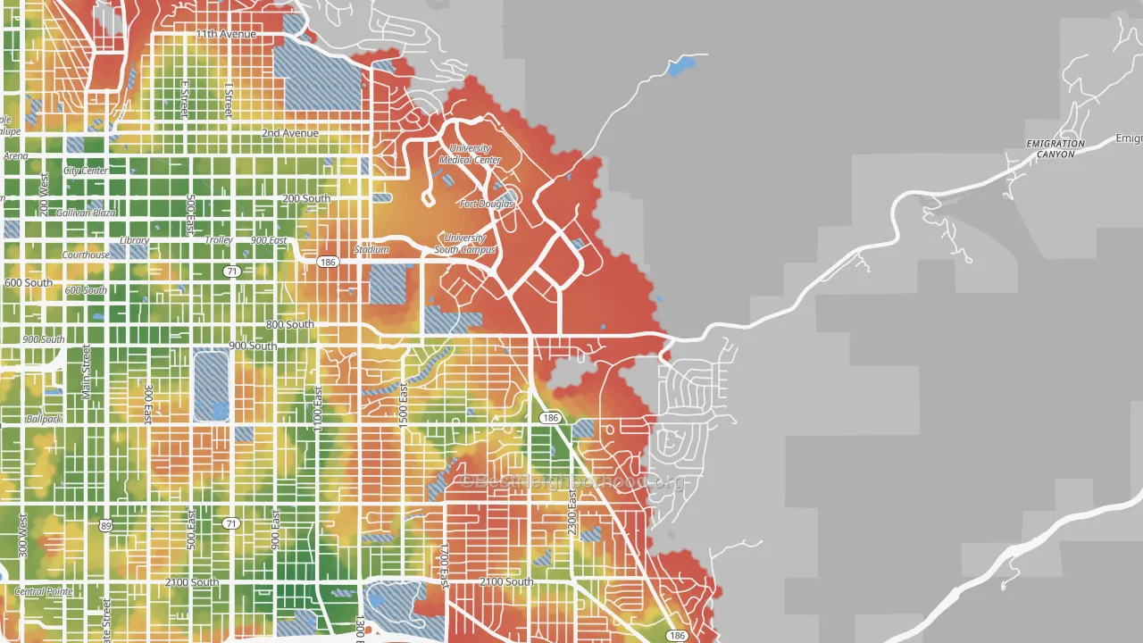 Walk Grade map of East Bench, Salt Lake City, UT, walkable areas in green and car-dependent areas in red
