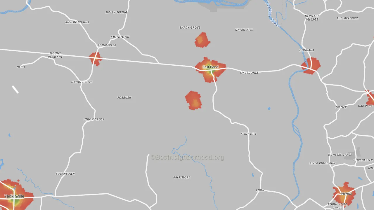 Walk Grade map of East Bend, NC, walkable areas in green and car-dependent areas in red
