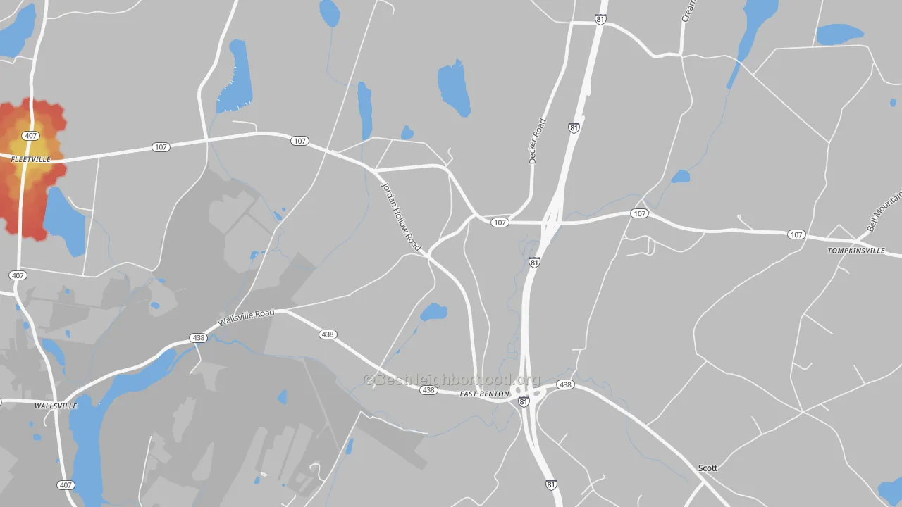 Walk Grade map of East Benton, PA, walkable areas in green and car-dependent areas in red