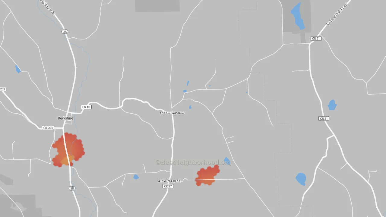 Walk Grade map of East Berkshire, NY, walkable areas in green and car-dependent areas in red