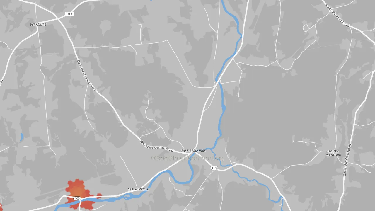 Walk Grade map of East Berkshire, VT, walkable areas in green and car-dependent areas in red