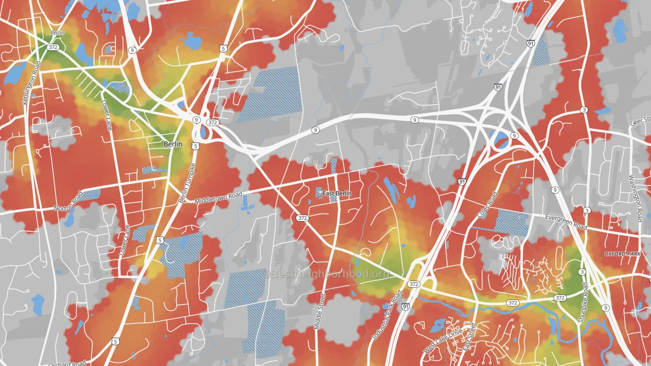 Walk Grade map of East Berlin, CT, walkable areas in green and car-dependent areas in red