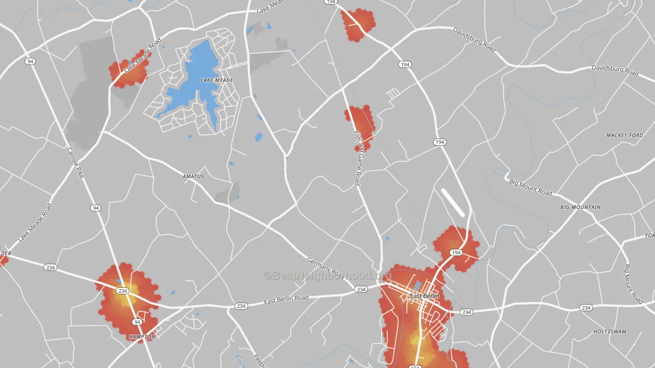 Walk Grade map of East Berlin, PA, walkable areas in green and car-dependent areas in red