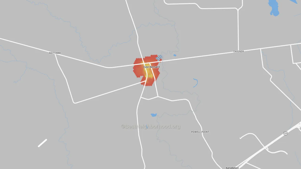 Walk Grade map of East Bernard, TX, walkable areas in green and car-dependent areas in red