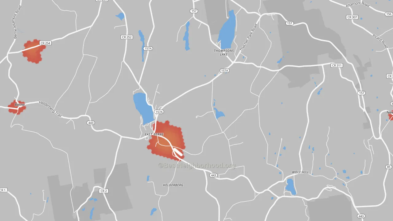 Walk Grade map of East Berne, NY, walkable areas in green and car-dependent areas in red