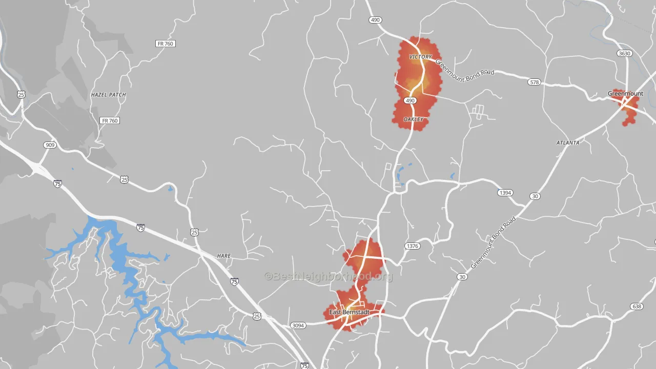 Walk Grade map of East Bernstadt, KY, walkable areas in green and car-dependent areas in red