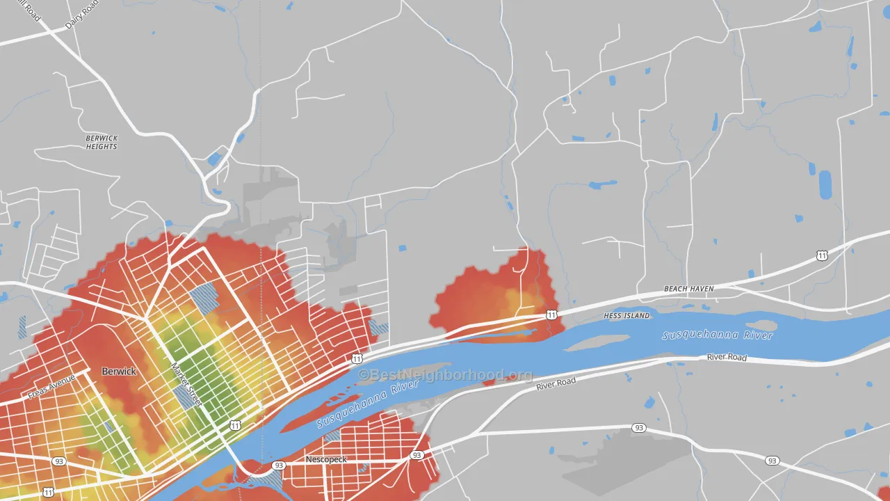 Walk Grade map of East Berwick, PA, walkable areas in green and car-dependent areas in red