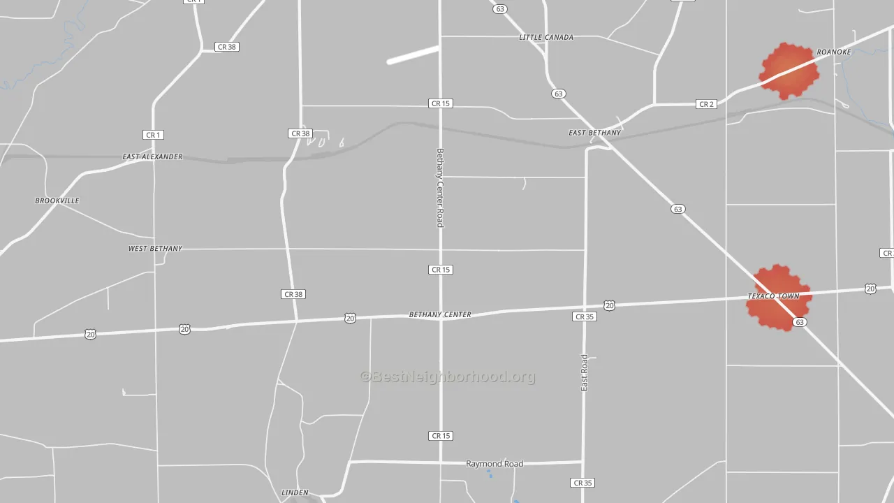 Walk Grade map of East Bethany, NY, walkable areas in green and car-dependent areas in red