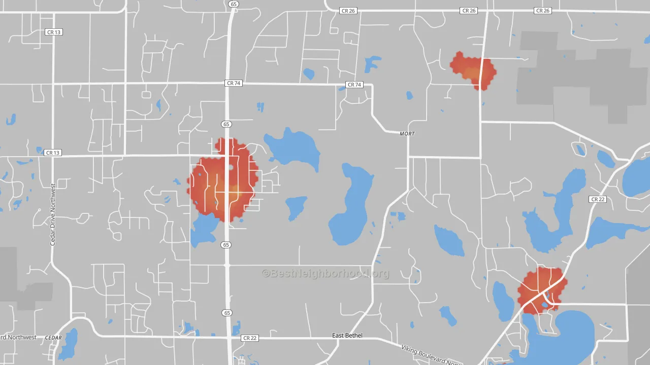Walk Grade map of East Bethel, MN, walkable areas in green and car-dependent areas in red