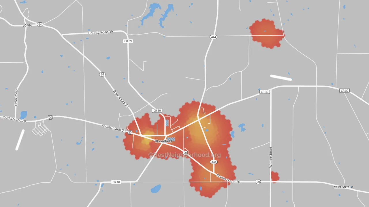 Walk Grade map of East Bloomfield, NY, walkable areas in green and car-dependent areas in red