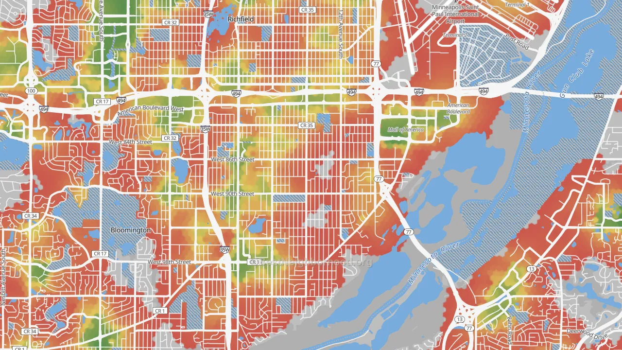 Walk Grade map of East Bloomington, Bloomington, MN, walkable areas in green and car-dependent areas in red