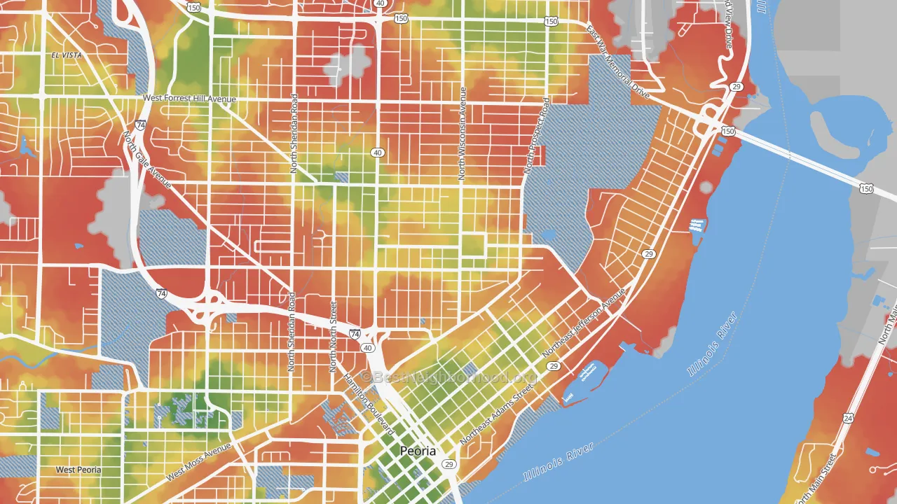 Walk Grade map of East Bluff, Peoria, IL, walkable areas in green and car-dependent areas in red