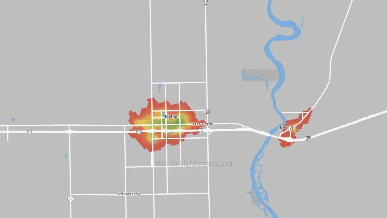 Walk Grade map of East Blythe, CA, walkable areas in green and car-dependent areas in red