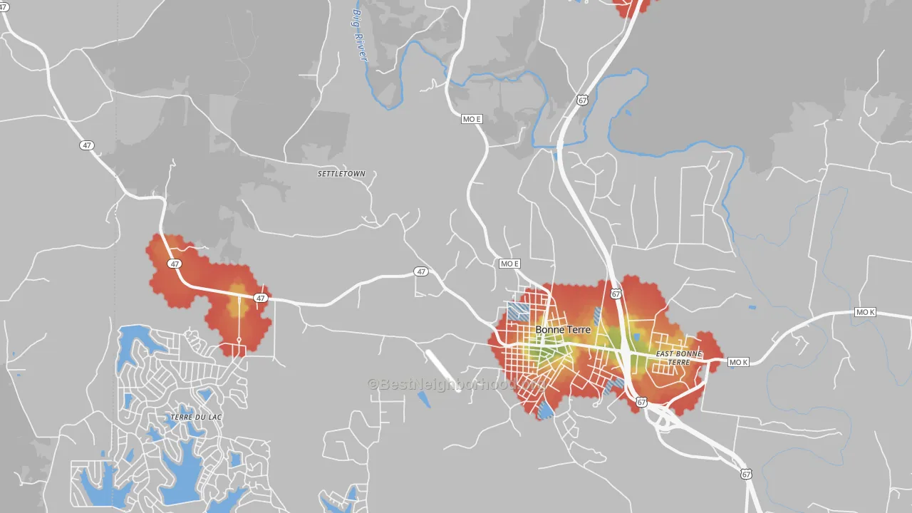 Walk Grade map of East Bonne Terre, MO, walkable areas in green and car-dependent areas in red