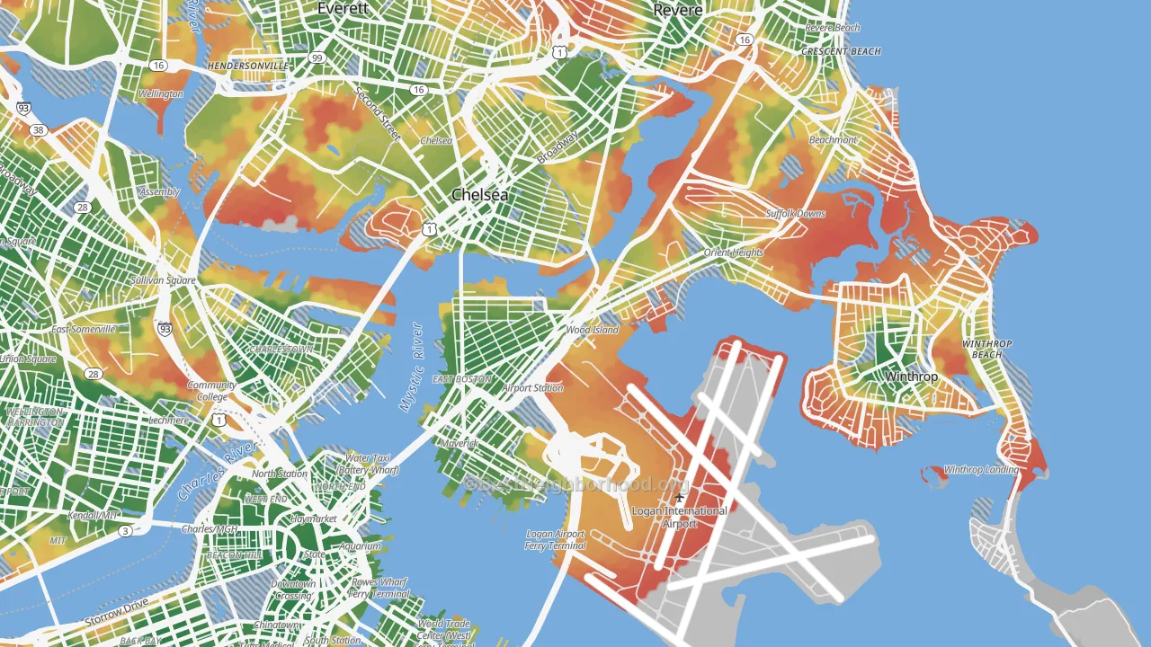 Walk Grade map of East Boston, Boston, MA, walkable areas in green and car-dependent areas in red