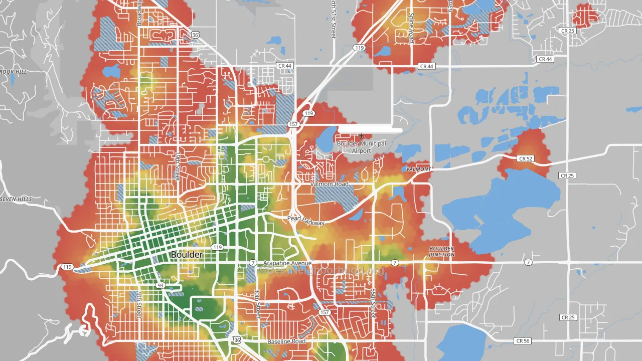 Walk Grade map of East Boulder, Boulder, CO, walkable areas in green and car-dependent areas in red