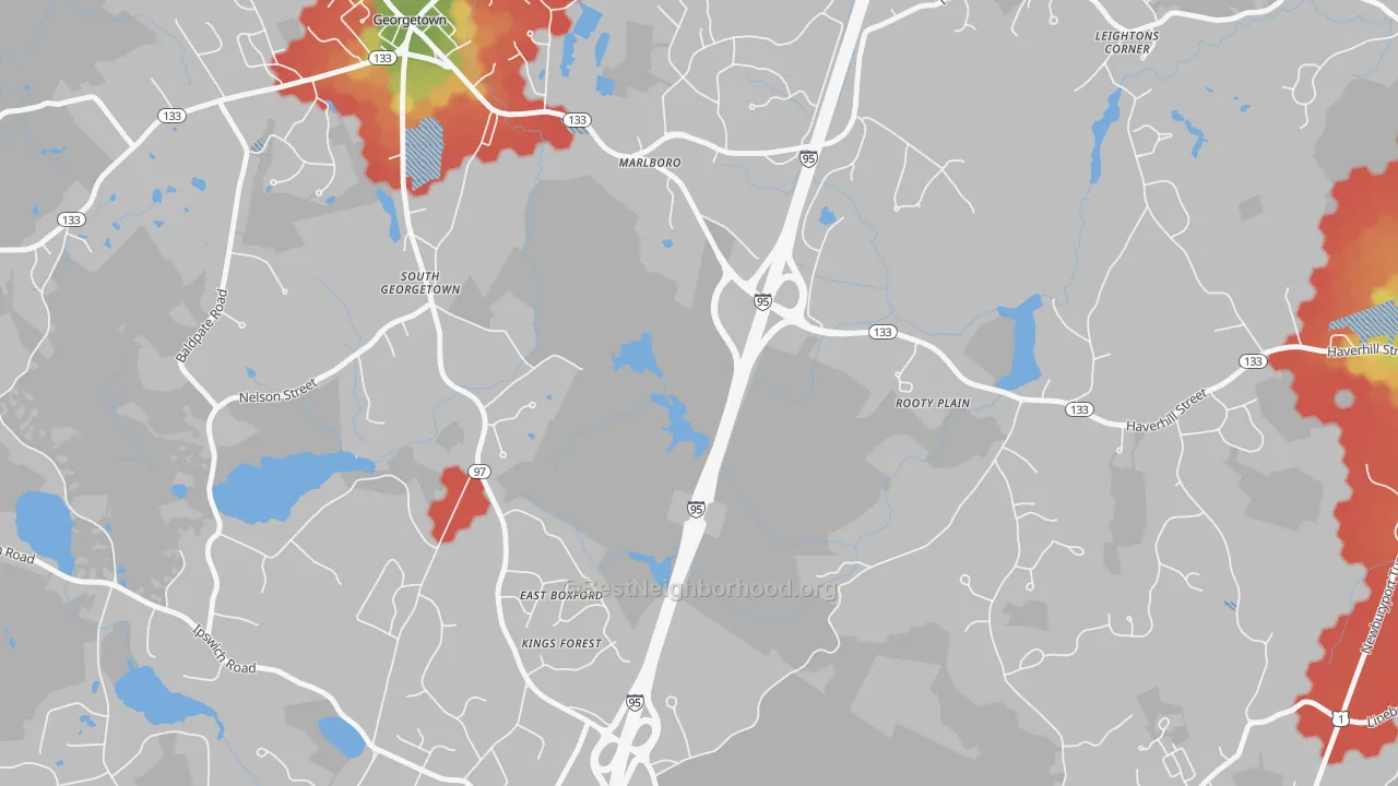 Walk Grade map of East Boxford, MA, walkable areas in green and car-dependent areas in red