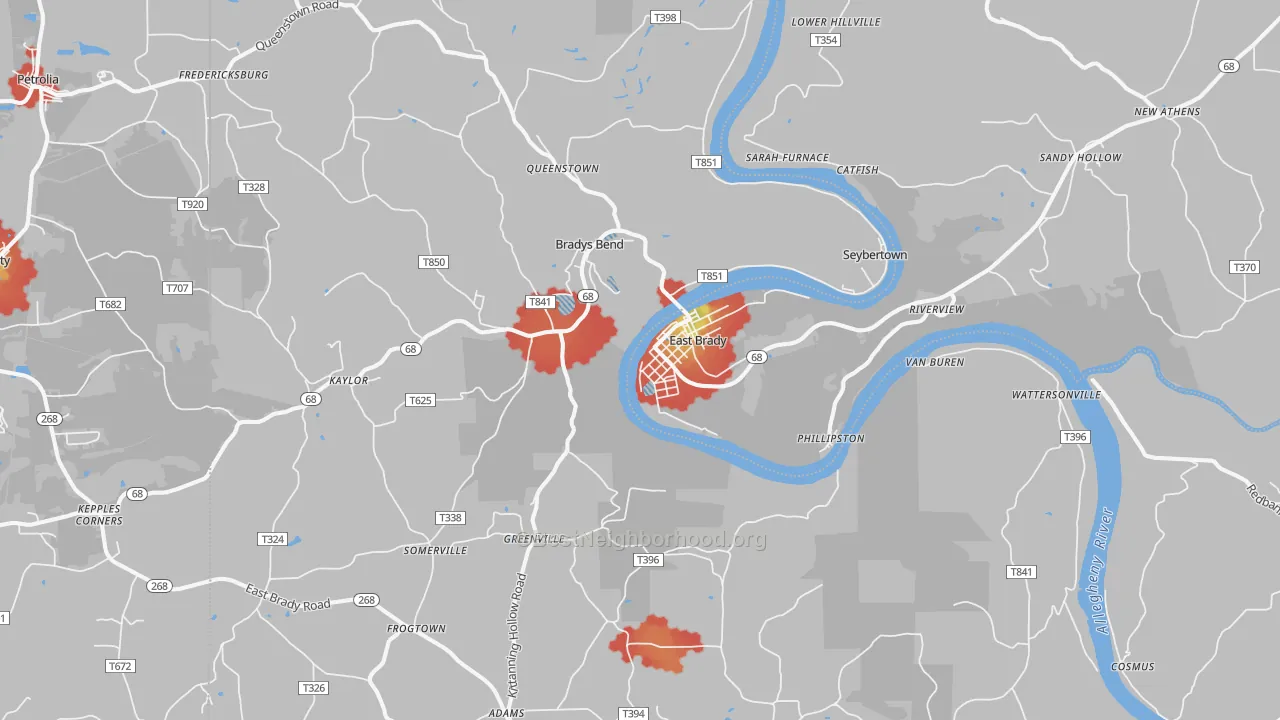 Walk Grade map of East Brady, PA, walkable areas in green and car-dependent areas in red