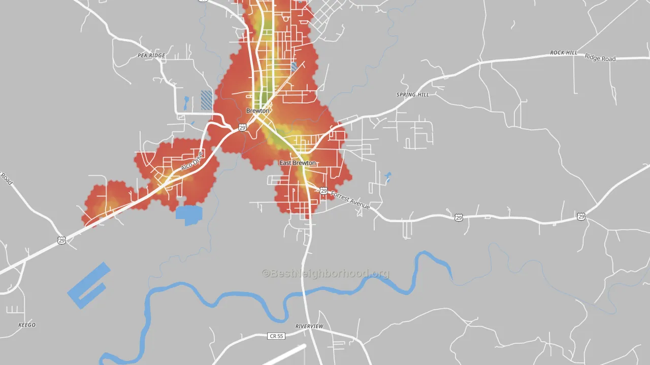 Walk Grade map of East Brewton, AL, walkable areas in green and car-dependent areas in red