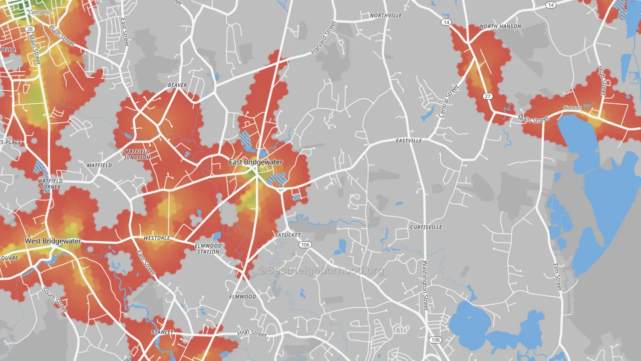 Walk Grade map of East Bridgewater, MA, walkable areas in green and car-dependent areas in red