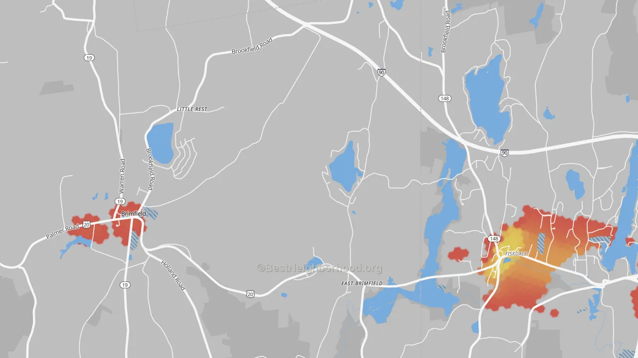 Walk Grade map of East Brimfield, MA, walkable areas in green and car-dependent areas in red