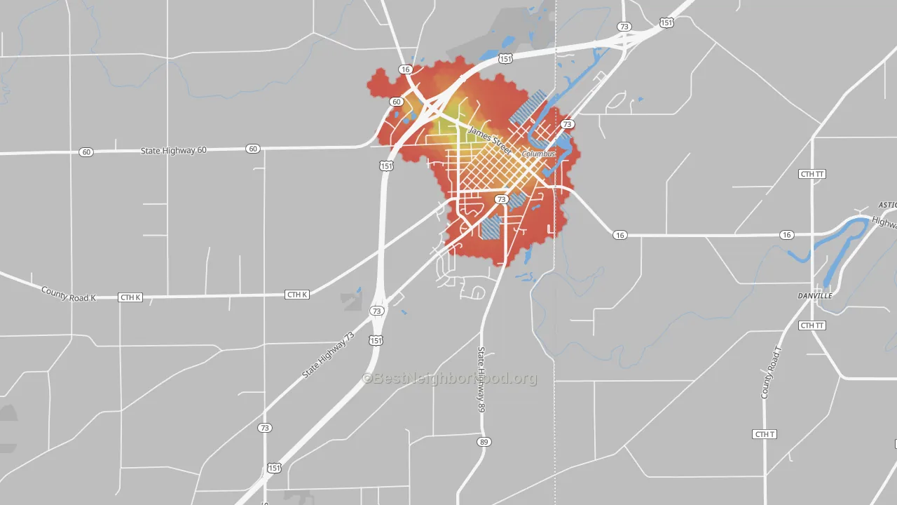 Walk Grade map of East Bristol, WI, walkable areas in green and car-dependent areas in red