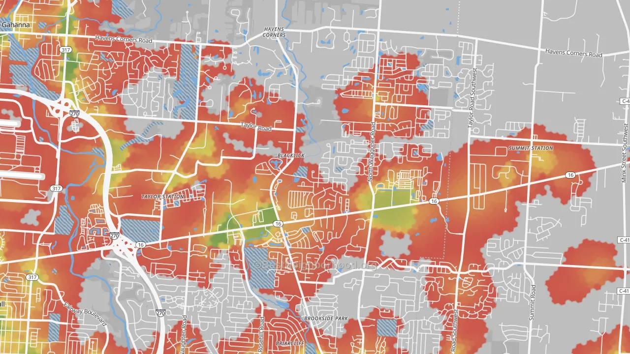 Walk Grade map of East Broad, Black Lick, OH, walkable areas in green and car-dependent areas in red