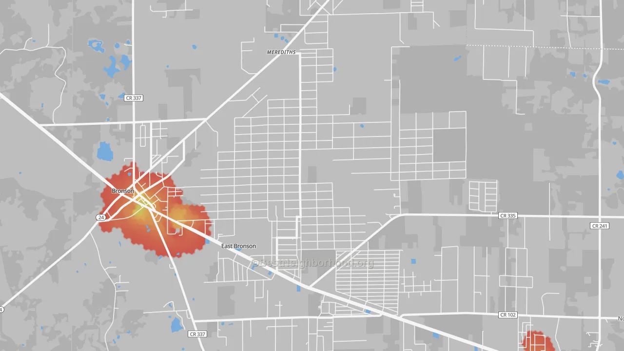 Walk Grade map of East Bronson, FL, walkable areas in green and car-dependent areas in red