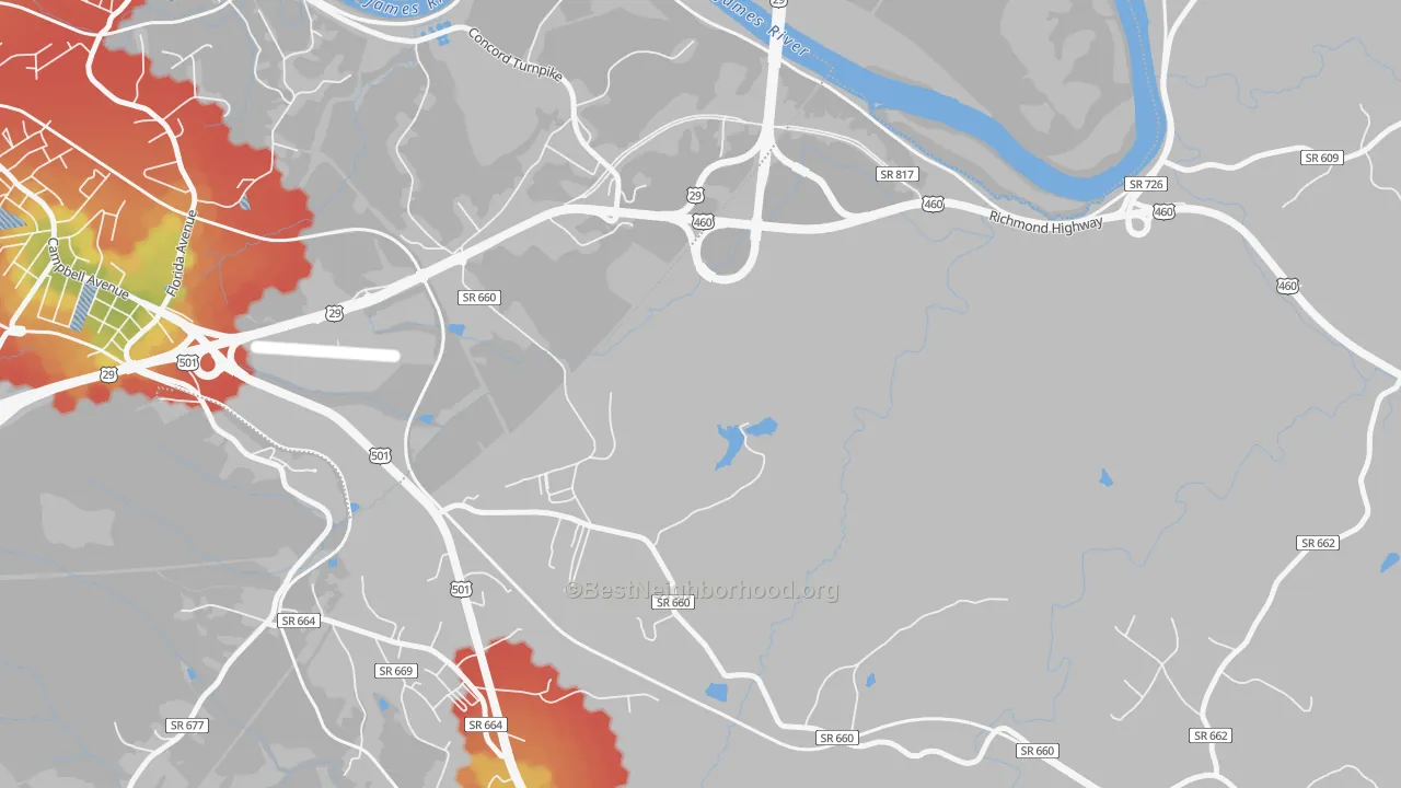 Walk Grade map of East Brook, VA, walkable areas in green and car-dependent areas in red