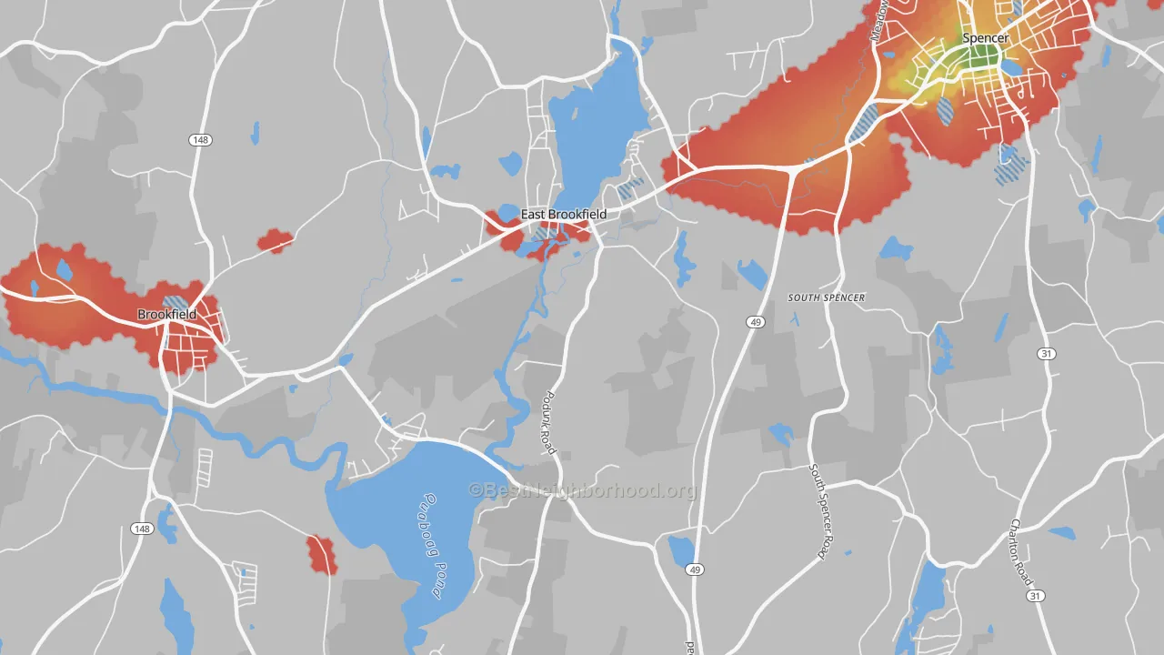 Walk Grade map of East Brookfield, MA, walkable areas in green and car-dependent areas in red