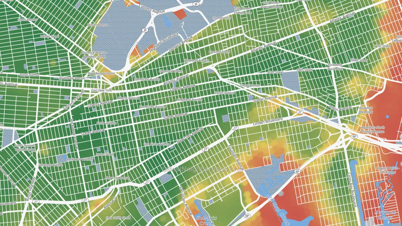 Walk Grade map of East Brooklyn, Brooklyn, NY, walkable areas in green and car-dependent areas in red