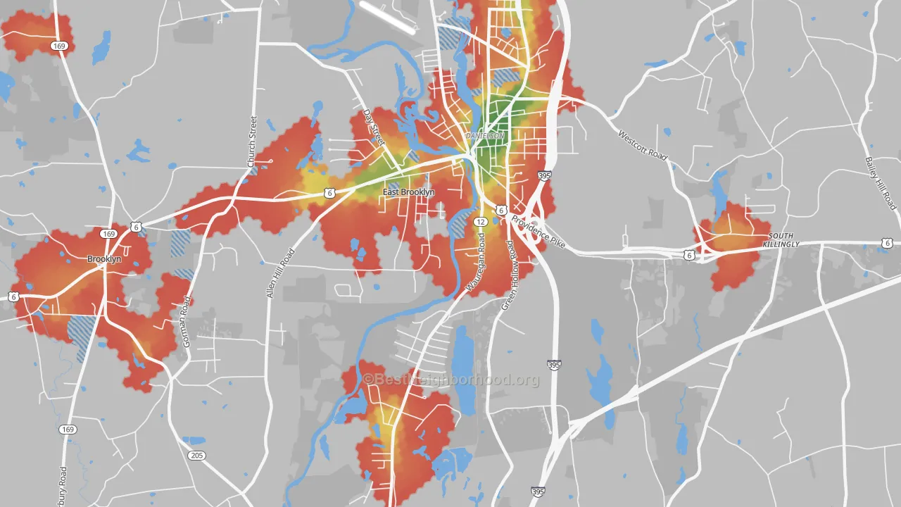 Walk Grade map of East Brooklyn, CT, walkable areas in green and car-dependent areas in red