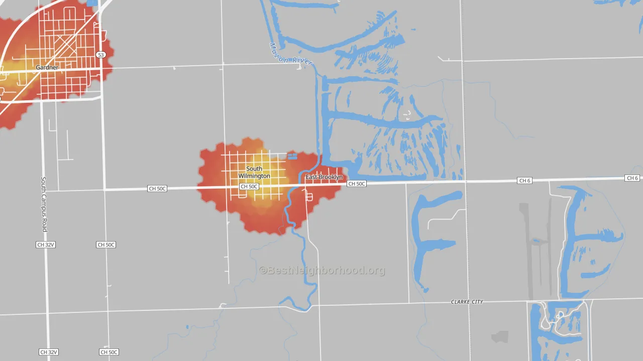 Walk Grade map of East Brooklyn, IL, walkable areas in green and car-dependent areas in red